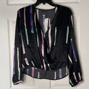Emporio Armani 100% Silk Multicolor Striped Wrap Front Long Sleeve Blouse
